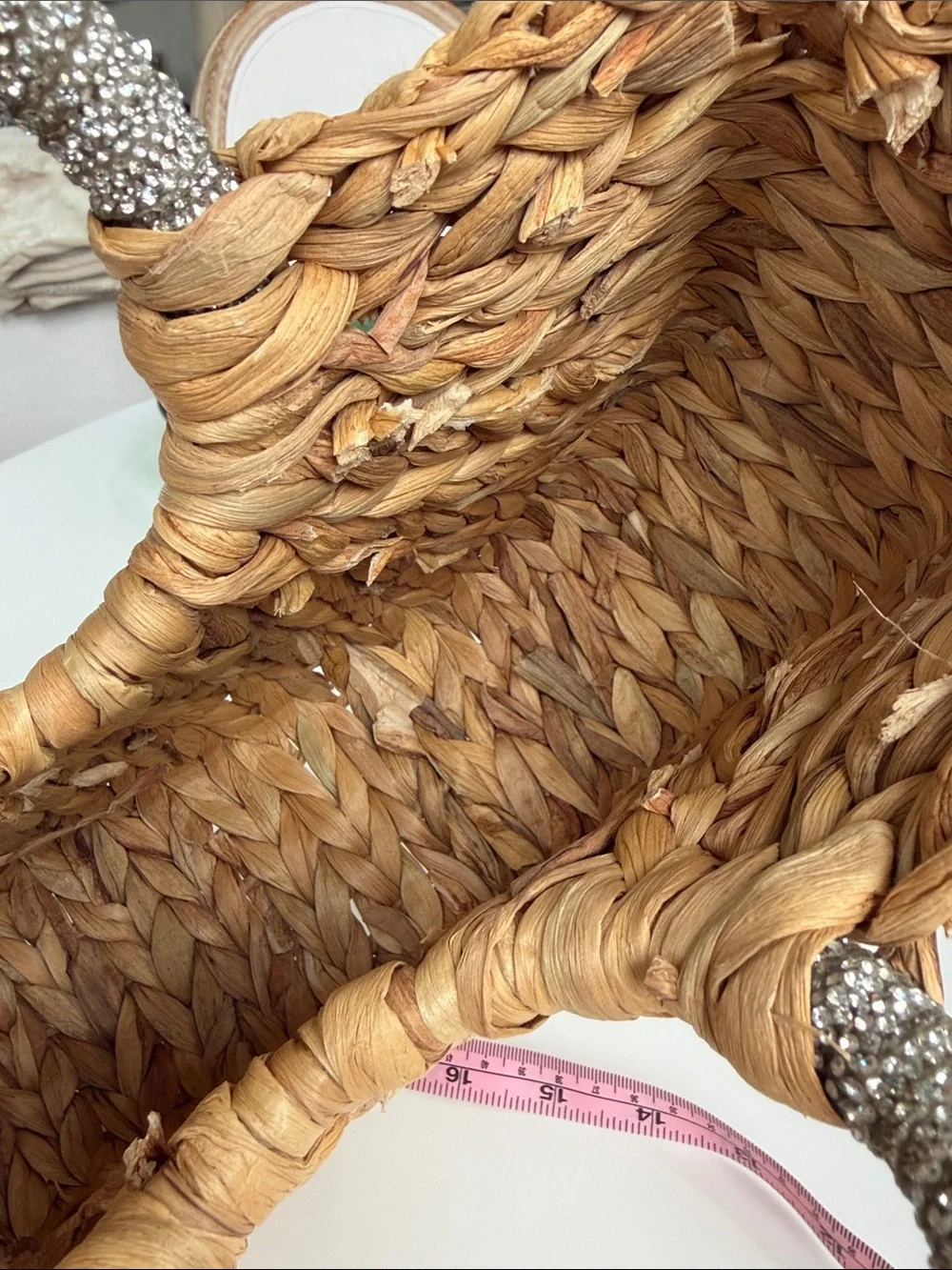 Unbranded Natural Woven Straw Handbag with Rhinestone Handle